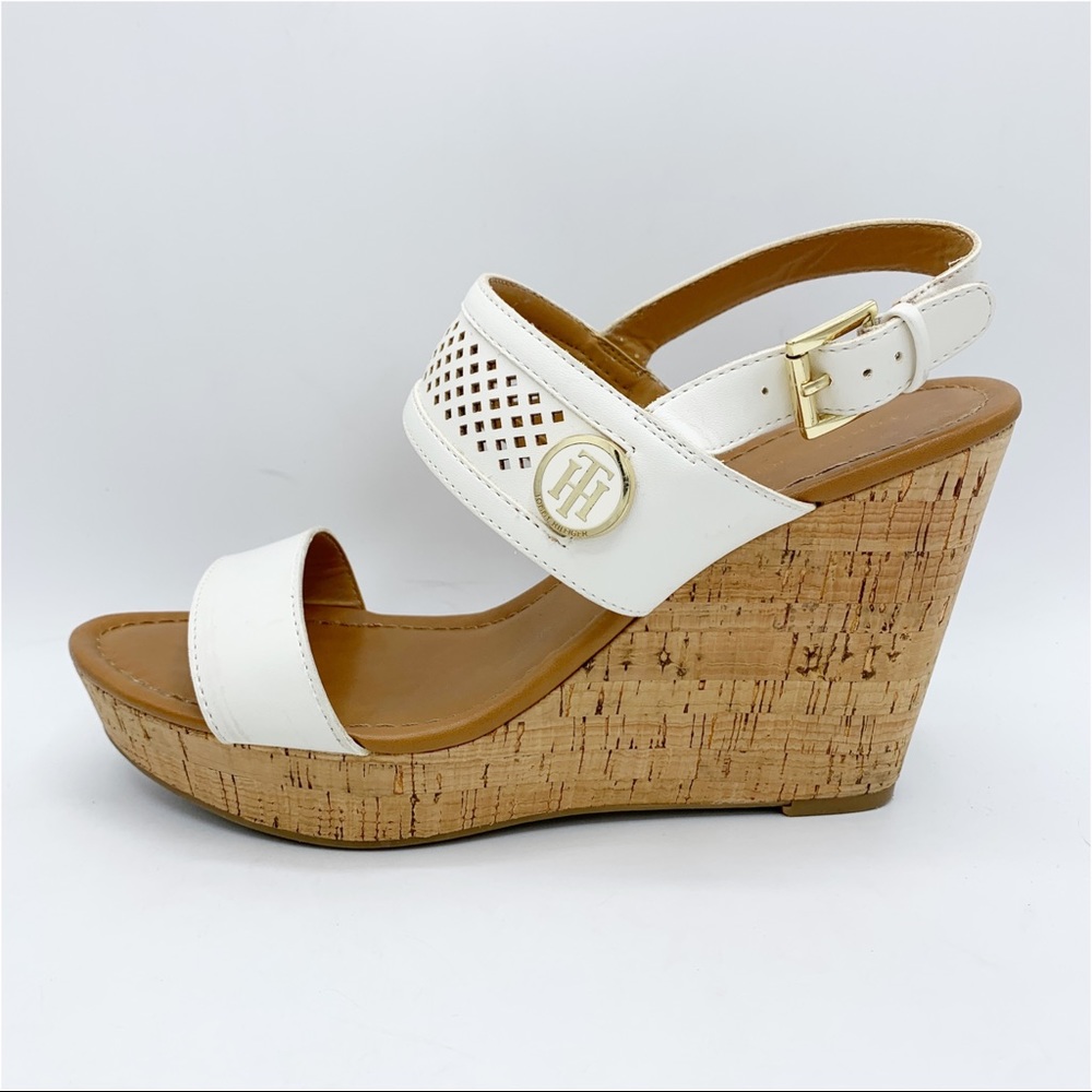 Tommy Hilfiger White Cork Wedge Platform Women’s Sandals Logo Detail Sz 9